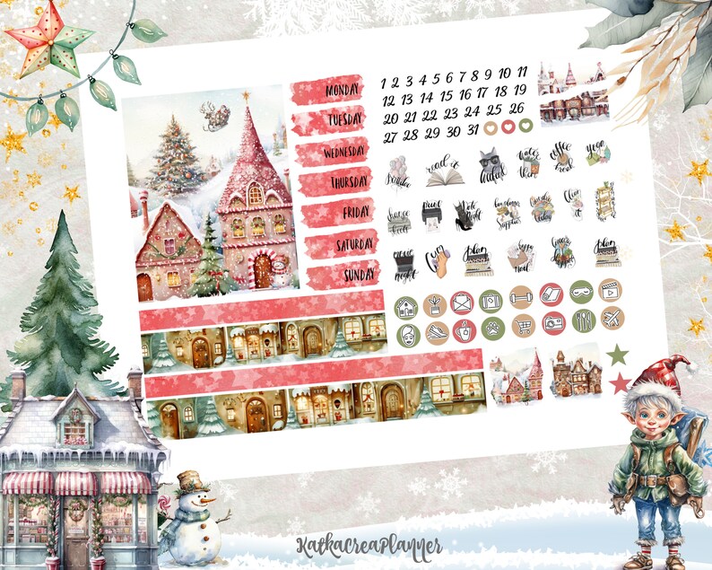 Santa Land Watercolor Planner Stickers: Christmas Weekly Kit (digital ...