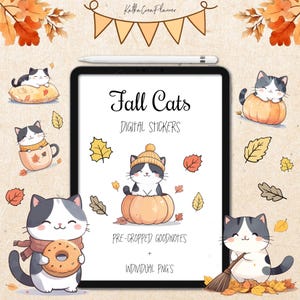 May include: A digital art image featuring a tablet displaying "Fall Cats Digital Stickers." The image includes several cartoon cats with fall-themed elements like pumpkins, leaves, and a scarf. The text also mentions "Pre-cropped Goodnotes + Individual PNG's."