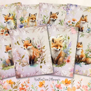 Aquarelle Fox ATC Journal Cards, Woodland Digital Collage Sheet, Ephemera, Forest Animal Junk Journal Kit, Floral Scrapbook Printables