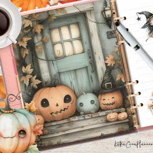 Agenda imprimable HALLOWEEN DOOR, papier numérique citrouille, insert de planificateur mystique, carte de voeux automne, art mural effrayant automne aquarelle