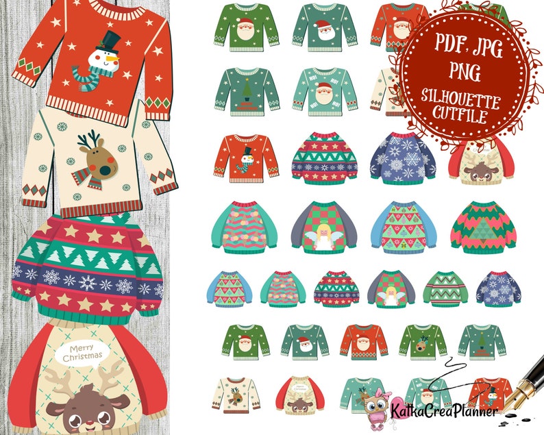 May include: A set of 24 digital clipart images of Christmas sweaters with various designs, including reindeer, snowmen, Santa Claus, and Christmas trees. The images are in PDF, JPG, and PNG formats and are suitable for crafting and design projects.