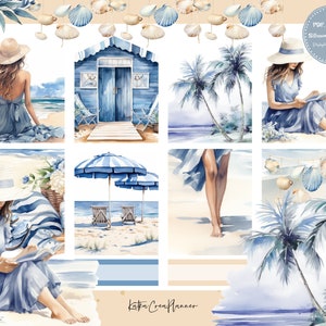 BEACH LOVER Adesivi pianificabili settimanali stampabili per pianificatore verticale/Adesivi pianificatore acquerello vacanze/Kit adesivi estivi Erin Condren