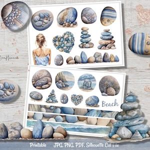 Adesivi stampabili con CIOTTOLI DA SPIAGGIA, adesivi Bujo, adesivi acquerello marino, decorazioni per planner primavera estate, accessori per planner, adesivi per album