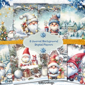 Papier numérique imprimable aquarelle gnomes de Noël, vacances à imprimer, papier de scrapbooking enneigé hiver, pages de journal indésirable, fabrication de cartes