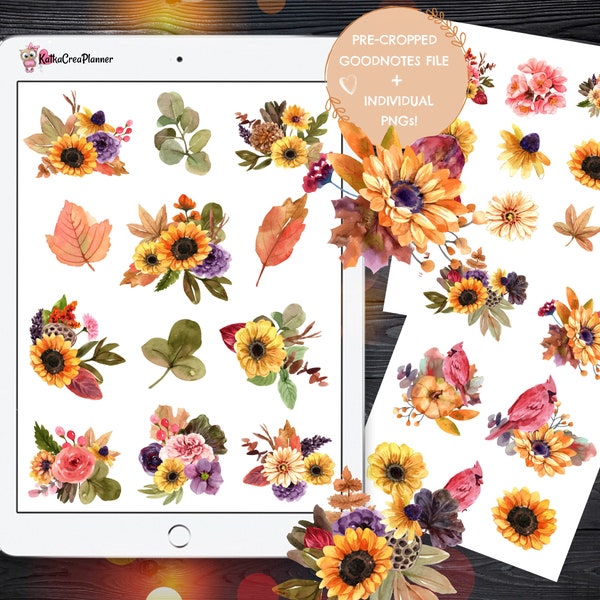 FALL FLOWERS Digital Planner Stickers/Watercolor iPad Stickers for Goodnotes/Precropped Stickers/Autumn Digital Bullet Journal Stickers