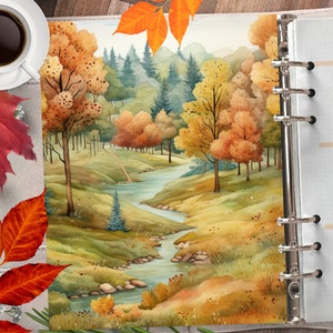 PAYSAGE D’AUTOMNE Couverture imprimable du planificateur/Diviseur de planificateur de forêt d’automne/Insert de planificateur/Carte de vœux d’automne/Tableau de bord de paysage d’automne à l’aquarelle