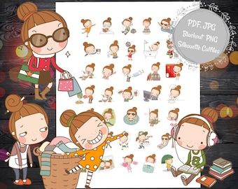 CUTE PLANNER GIRL Printable Stickers/Kawaii Girl Stickers/Girl Activities Sticker/Functional Planner Girl Stickers/Mood Tracker Printable
