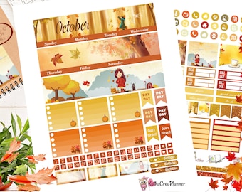 May include: Printable October planner stickers with a fall theme. The stickers feature a girl in a red coat, pumpkins, leaves, and the words "Pay Day" and "Don't Forget".