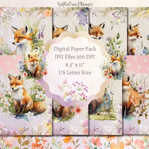 Aquarelle Fox Digital Paper Pack, Woodland Junk Journal Paper, Journal Printables, Floral Digital Collage Sheets, Forest Animal Pattern
