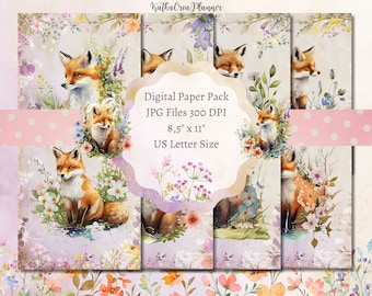 Aquarelle Fox Digital Paper Pack, Woodland Junk Journal Paper, Journal Printables, Floral Digital Collage Sheets, Forest Animal Pattern