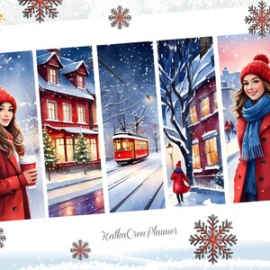 May include: Four winter-themed illustrations featuring a red brick building with snow-covered trees, a red streetcar on a snowy street, a woman in a red coat and blue scarf walking down a snowy street, and a woman in a red coat and blue scarf holding a cup of coffee.