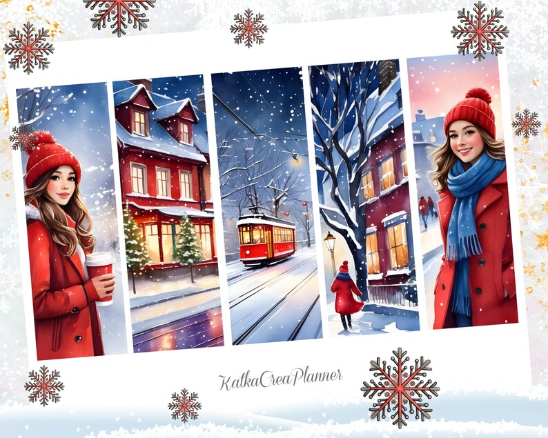 May include: Four winter-themed illustrations featuring a red brick building with snow-covered trees, a red streetcar on a snowy street, a woman in a red coat and blue scarf walking down a snowy street, and a woman in a red coat and blue scarf holding a cup of coffee.