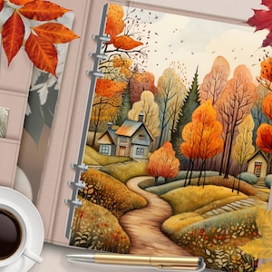 FALL VILLAGE Couverture de planificateur imprimable/Diviseur de planificateur de forêt d’automne/Insert de planificateur/Carte de vœux d’automne/Tableau de bord de paysage d’automne à l’aquarelle