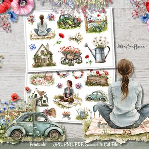 Naklejki do druku MEADOW, Naklejki Bujo, Naklejki akwarelowe z kwiatami, Dekoracja planera wiosna lato, Akcesoria do planera, Naklejki do scrapbookingu