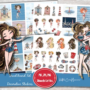 ALLA SPIAGGIA MoodBoard stampabile ad acquerello e adesivi decorativi per planner/Adesivi per bullet journal/Adesivo per planner verticale per le vacanze