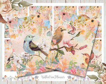 Watercolor Birds and Flowers Collage Sheet: Floral Junk Journal Cards (Digital Download)