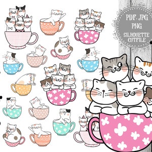 Cute Cat in Teacup Printable Planner Stickers, Kawaii Stickers, Pet Stickers, Planner Accessories, Doodle Cat Stickers, Kitten, Functional