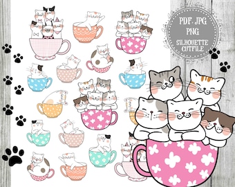 May include: A digital clipart set featuring cute cartoon cats in teacups. The cats are in various poses and colors, with some holding teacups and others sitting in them. The set includes a variety of teacup designs, including floral, polka dot, and striped patterns. The clipart is perfect for crafting projects, scrapbooking, and digital design.