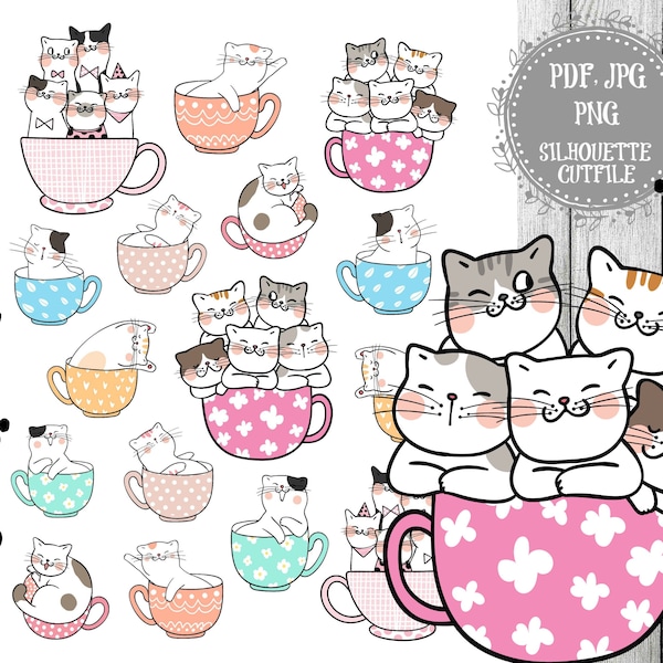 Cute Cat in Teacup Printable Planner Stickers, Kawaii Stickers, Pet Stickers, Planner Accessories, Doodle Cat Stickers, Kitten, Functional