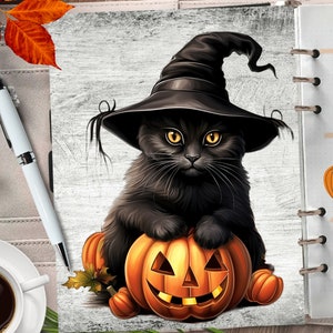 WITCH CAT Couverture de planificateur imprimable/Papier numérique d’Halloween/Insert de planificateur mystique/Carte de vœux d’automne/Aquarelle Automne Spooky Wall Art