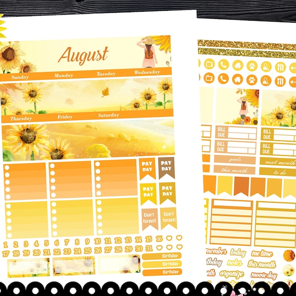 August Sunflower Planner Stickers: Erin Condren Life Planner (Digital Download)