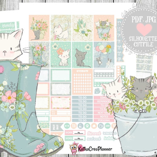Cat lover weekly foil ready printable planner sticker kit for etsy