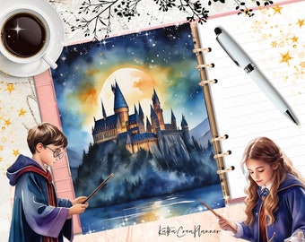 May include: A pink and gold planner with a watercolor illustration of Hogwarts castle under a starry night sky. The planner has a ring binding and a white pen. The text "Latta Crea Planner" is at the bottom of the image.