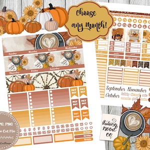 HERFST Maandkit, Afdrukbare september oktober november maandstickers, Fall Planner Stickers voor Erin Condren Life Planner, Cut Files
