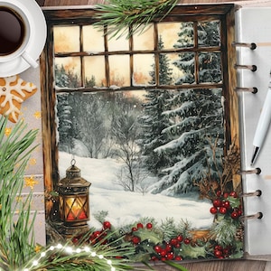 FENÊTRE DE NOL 4. Couverture imprimable de l'agenda/séparation des vacances d'hiver/paysage de Noël carte de voeux/planificateur aquarelle tableau de bord