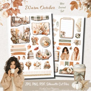 May include: A digital sticker sheet set titled Warm October Mini Journal Set featuring autumn-themed illustrations including cozy village scenes, dried floral arrangements, pumpkins, stacked books, and illustrations of people holding mugs.