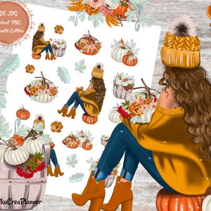 Fall Fashion Girl Planner Stickers: Autumn Floral, Pumpkin Bujo (Digital Download)