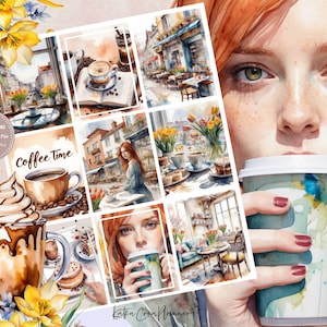 SPRING COFFEE Printable Planner Stickers for Erin Condren Planner/Floral Watercolor Planner Stickers/Spring Summer Vertical Weekly Kit