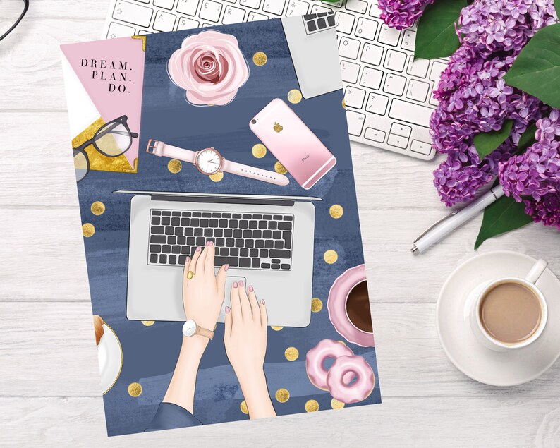 May include: A blue and gold planner with the text "DREAM. PLAN. DO." on the cover. The planner is open to a page with a laptop, a pink rose, a watch, a phone, and gold confetti.