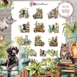 Cats, Dogs and Books Printable Stickers, Watercolor Planner Stickers, Cute Animal Bullet Journal Stickers, Book Lovers Scrapbook stickers