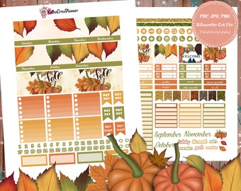 May include: Fall-themed printable planner stickers with a variety of designs, including pumpkins, leaves, and the word "Fall". The stickers are in shades of orange, brown, and green. The stickers are designed for use in a planner or journal.