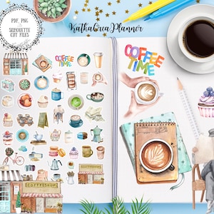 COFFEE SHOP Printable Planner Stickers, Watercolor Stickers, Bullet Journal Stickers, Planner Accessories, Scrapbook sticker, Bujo stickers