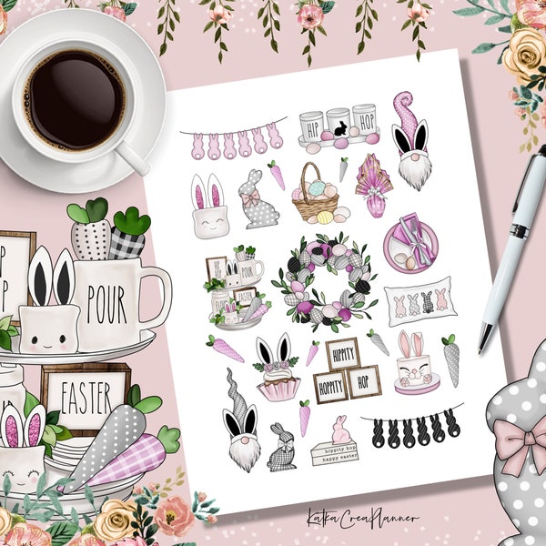 HOPPY EASTER Printable Stickers/Bunny Stickers/Spring Floral Sticker/Easter Planner/Pastel Scrapbook Stickers/Easter Journaling Stickers