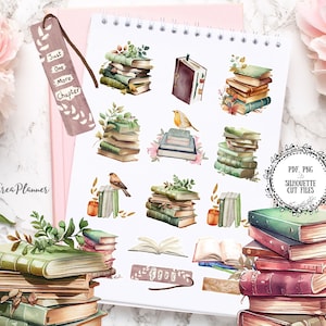 May include: A set of 12 watercolor illustrations of stacks of books with floral and bird accents. The illustrations are perfect for scrapbooking, card making, and other paper crafts. The text "Just One More Chapter" is visible on a bookmark in the image.