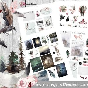 MYSTIC FOREST Printable Journal Kit/Magical Printable Planner Stickers/Bujo Stickers/Journal Stickers/Watercolor Scrapbook Kit/Collage Sheet