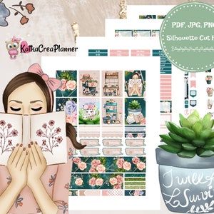 May include: A set of digital planner stickers featuring a woman reading a book, a potted succulent, and floral designs in shades of pink, green, and gold. The stickers are designed for use in digital planners and include various elements such as "to do" lists, "weekly spreads", and "daily logs".