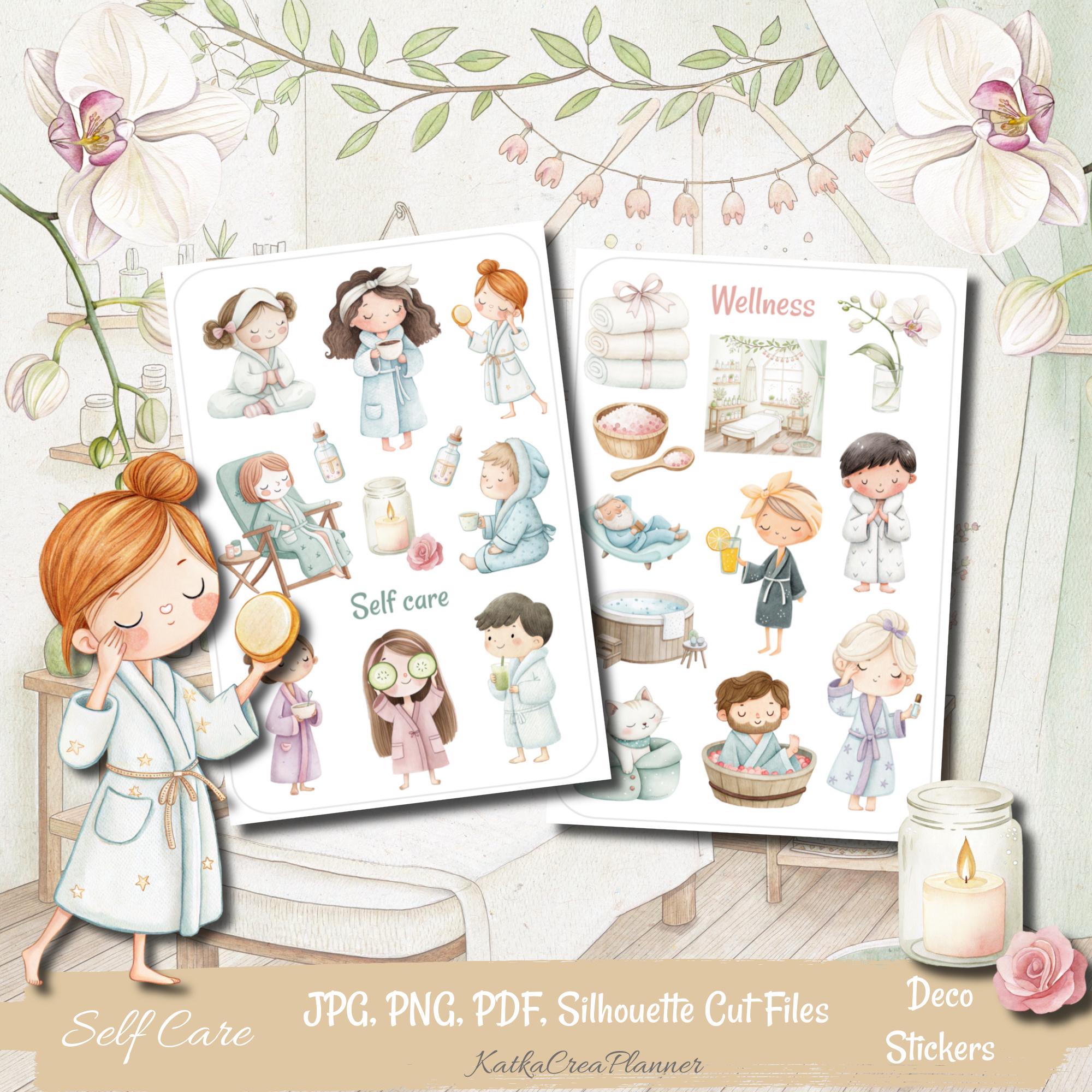 Self Care Printable Watercolor Stickers: Wellness Planner Deco Stickers ...