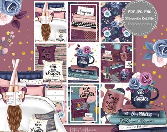 May include: A digital planner sticker sheet with a pink, blue and gold colour scheme. The stickers feature a typewriter, a mug and books with the text "Just One More Chapter" and "Once Upon a Time".