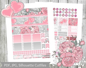 February Monthly View Printable Stickers, Planner Stickers for Erin Condren Vertical Life Planner, Valentines Day Kit, Travelers Notebook