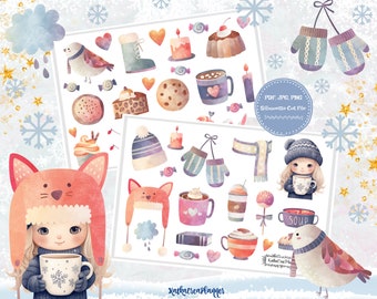 Adesivos decorativos para impressão em clima frio/adesivos de álbum de recortes de inverno/adesivos bujo aquarela aconchegantes/adesivos de diário/adesivos de planejador imprimíveis
