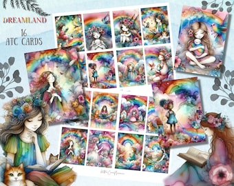 May include: A set of 16 ATC cards featuring whimsical watercolor illustrations of girls with flowers, rainbows, and clouds. The cards are titled "Dreamland" and are perfect for scrapbooking, card making, or other craft projects.