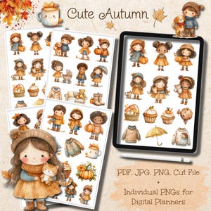 May include: Digital planner stickers with a watercolour autumn theme. The stickers feature illustrations of children, pumpkins, cupcakes, and fall clothing. The text "Cute Autumn" is at the top, and the file types are listed at the bottom.