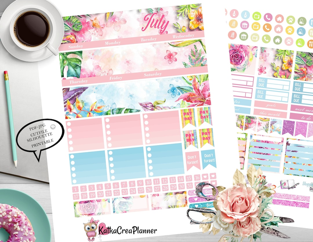 Printable July Monthly View Stickers, Planner Stickers for Erin Condren ...