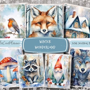 WINTER WONDERLAND Printable Junk Journal Pages, Watercolor Woodland Winter Animals Junk Journal Kit, Christmas Digital Collage Sheet
