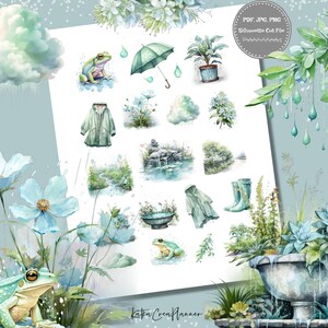 May include: A digital paper pack with watercolor illustrations of frogs, rain, plants, and other nature elements. The illustrations are in shades of green, blue, and white. The text "PDF, JPG, PNG Silhouette Cut File" is in the top right corner of the image.