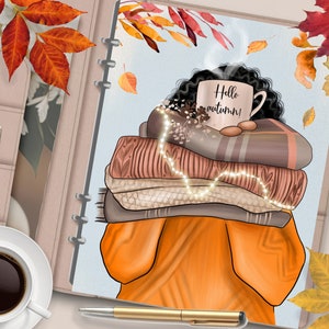 FALL Planner Girl Curly Hair Couverture de planificateur imprimable/Diviseur de planificateur d’automne/Insertion de planificateur/Carte de vœux d’automne/Aquarelle Art mural d’automne